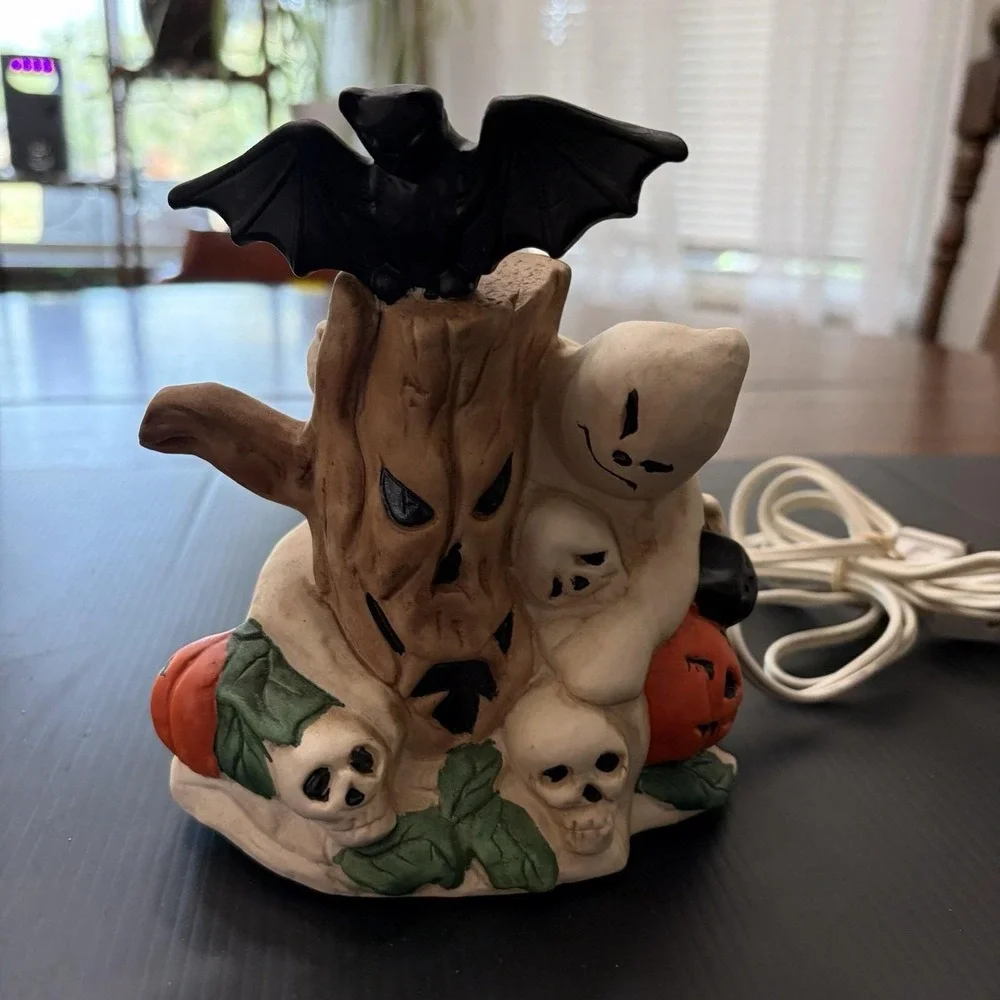 Vintage Halloween Tree Porcelain Night Light Pumpkin Skull Crow Works
